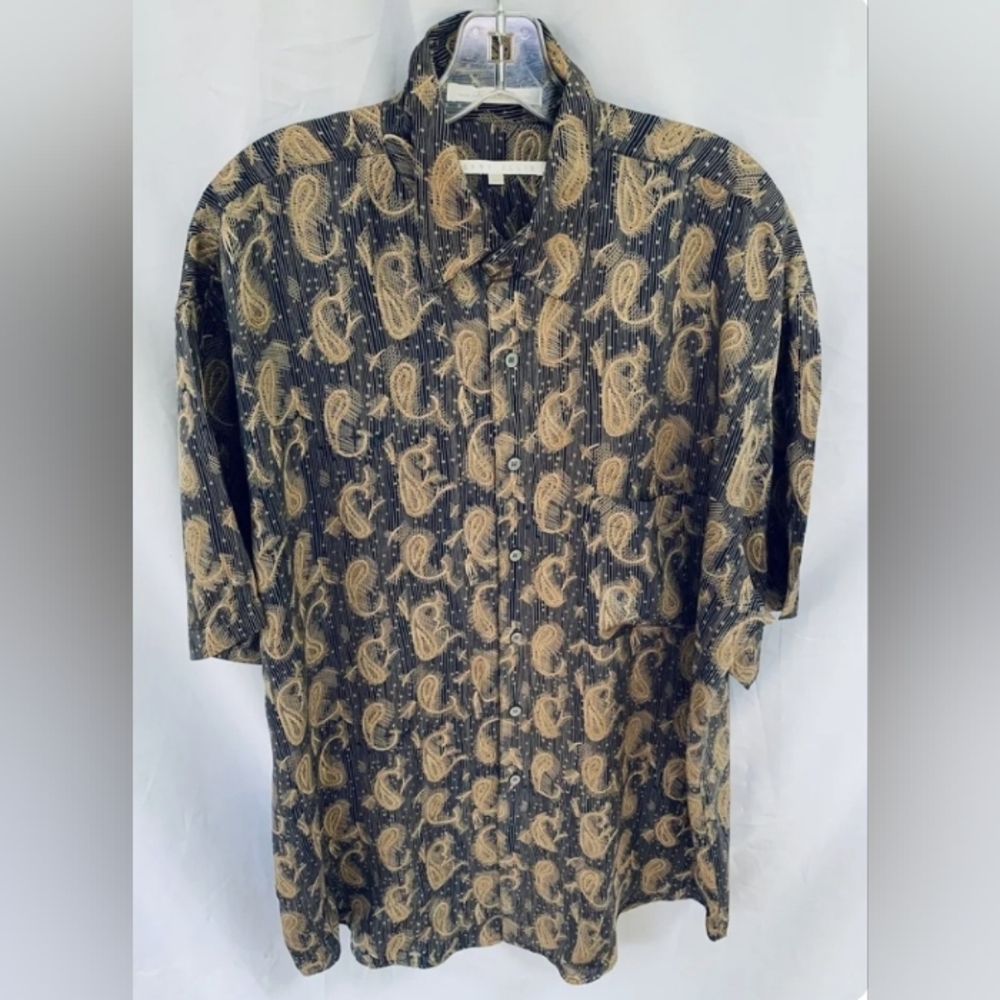 Perry Ellis Mens 100% Silk Paisley Shirt SS Black Beige Large Button Retro
